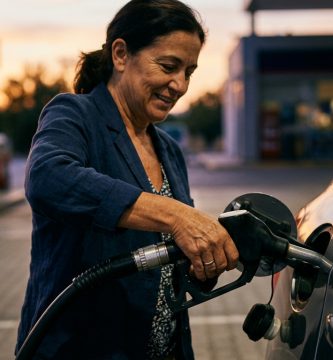 Manos repostando combustible en una gasolinera al amanecer con luz ámbar