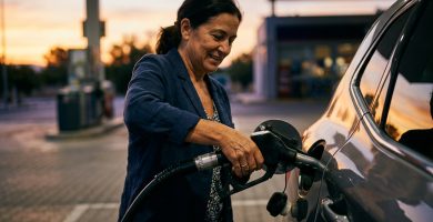 Manos repostando combustible en una gasolinera al amanecer con luz ámbar